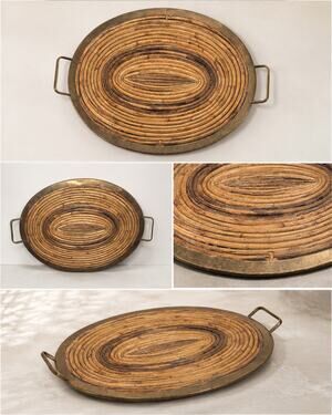 Vintage Italian Style Rattan & Brass Oval Tray | 1960s Gabriella Crespi Inspired